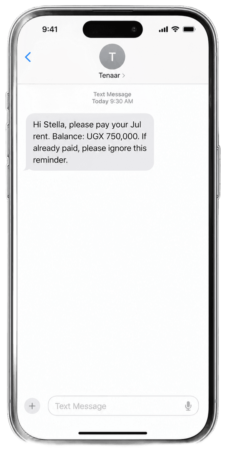 iPhone showing an SMS rent reminder sent to a tenant